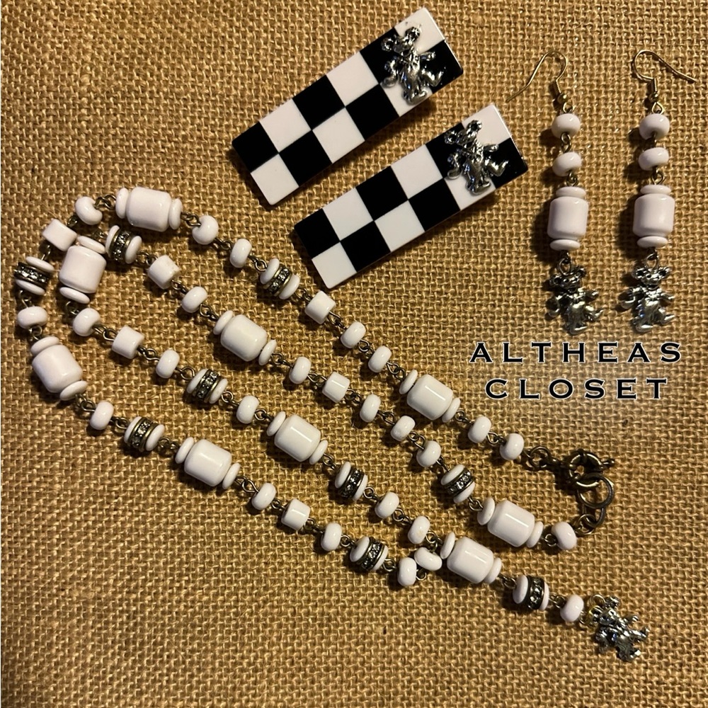 Vintage Dancing Bear necklace, earrings & barrettes